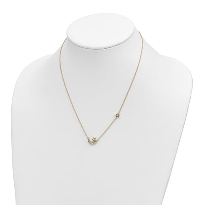 14K Yellow Gold Moon & Star Real Diamond 18in Necklace