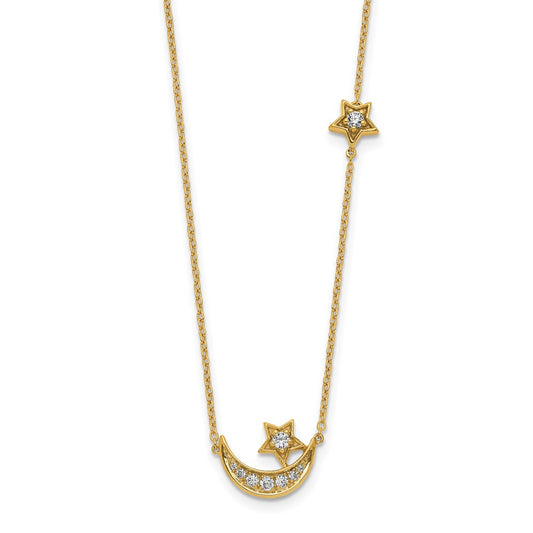 14K Yellow Gold Moon & Star Real Diamond 18in Necklace