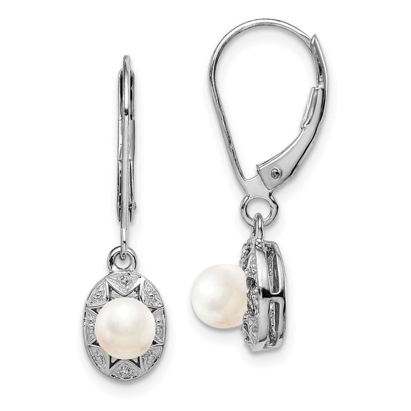 Sterling Silver Rhodium-plated Diamond & FW Cultured Pearl Earrings