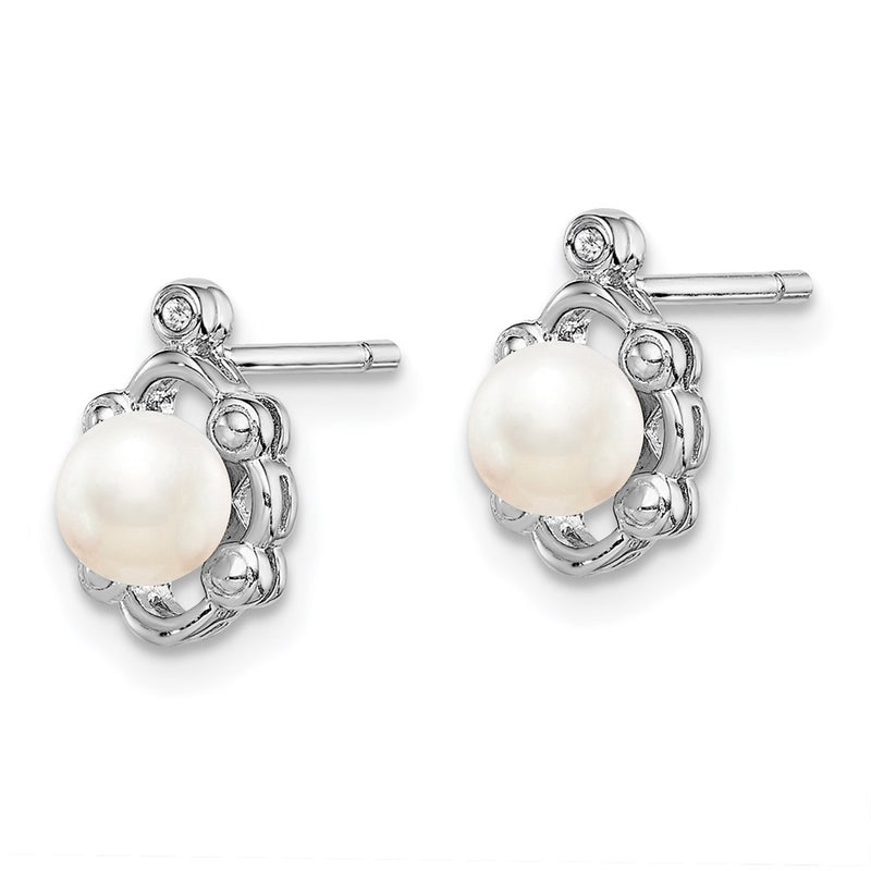 Sterling Silver Rhodium-plated FW Cultured Pearl & Diamond Earrings