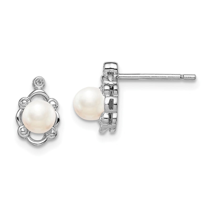 Sterling Silver Rhodium-plated FW Cultured Pearl & Diamond Earrings