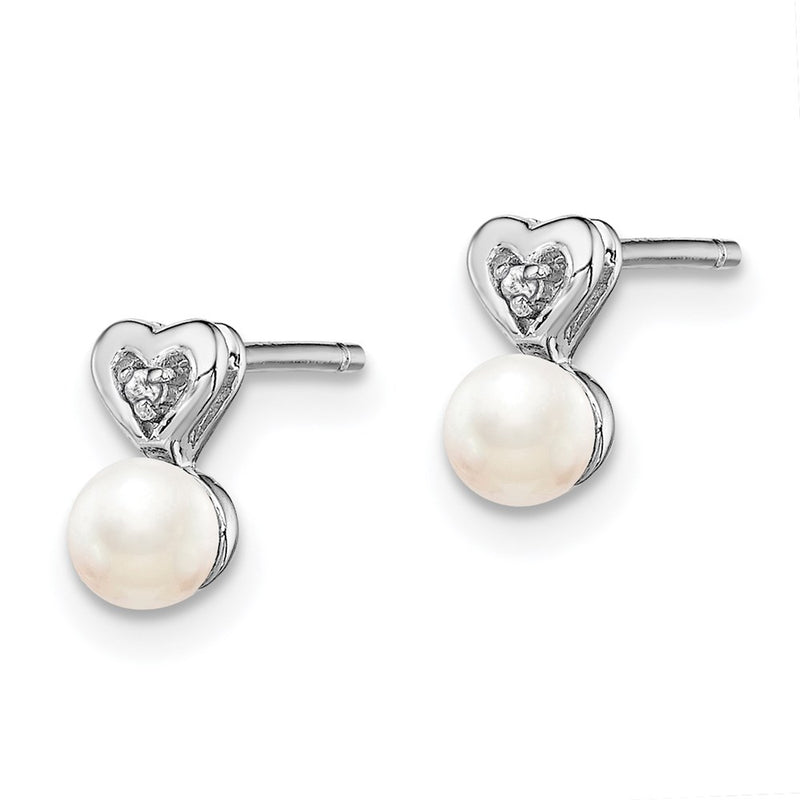 Sterling Silver Rhodium-plated FW Cultured Pearl & Diamond Earrings