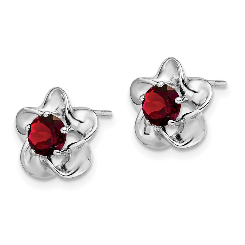 Sterling Silver Rhodium-plated Floral Garnet Post Earrings