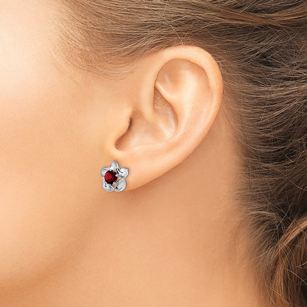 Sterling Silver Rhodium-plated Floral Garnet Post Earrings