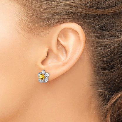 Sterling Silver Rhodium-plated Floral Citrine Post Earrings