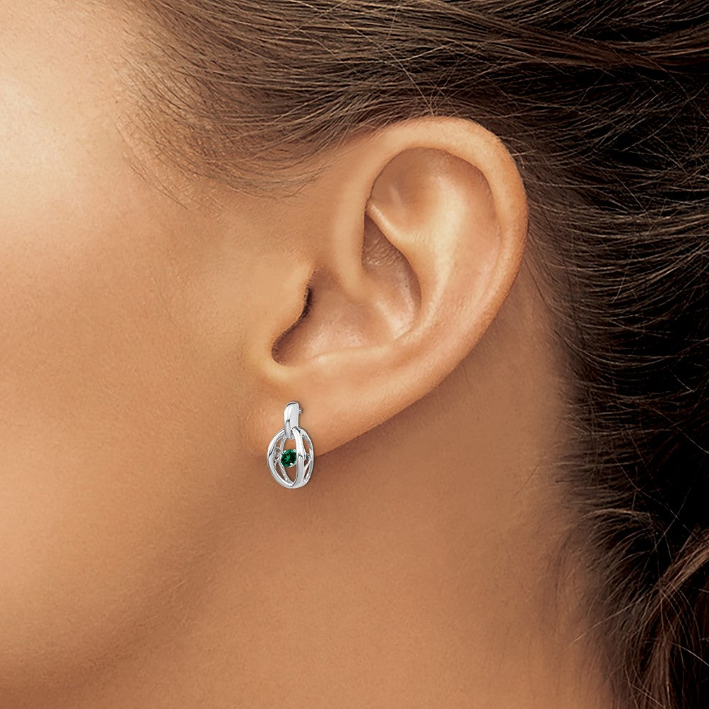 Sterling Silver Rhodium Created Emerald Birthstone Vibrant Earrings