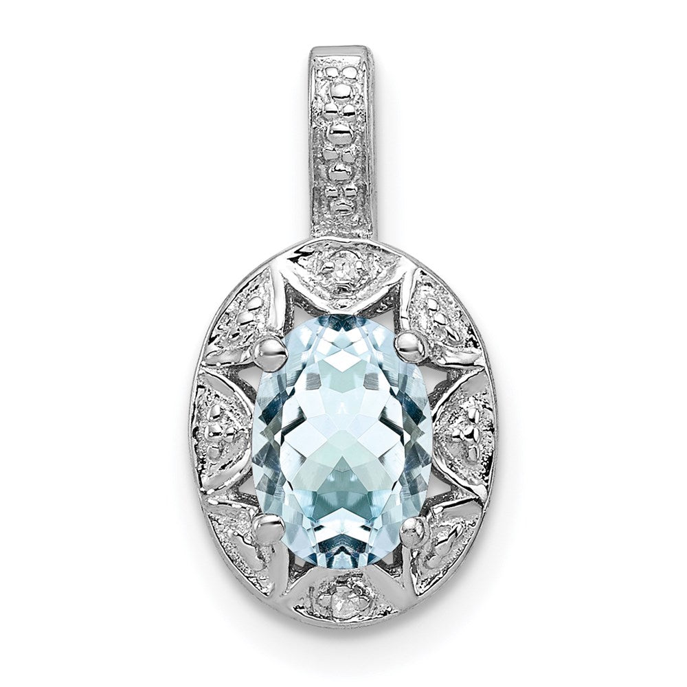 Sterling Silver Rhodium-plated Diamond & Aquamarine Pendant
