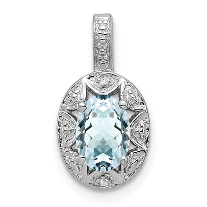 Sterling Silver Rhodium-plated Diamond & Aquamarine Pendant