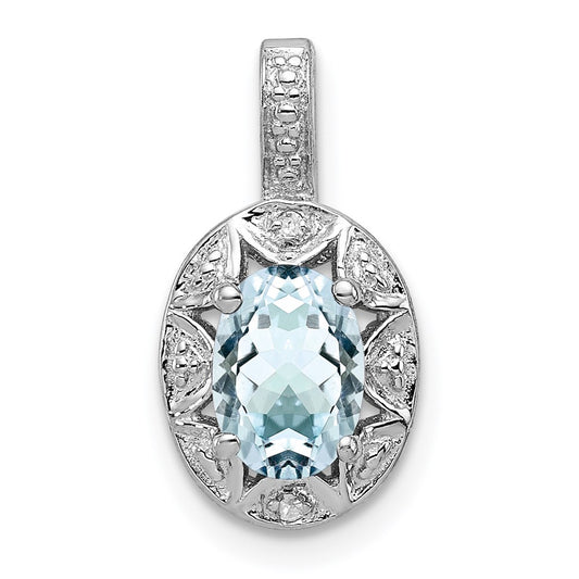 Sterling Silver Rhodium-plated Diamond & Aquamarine Pendant