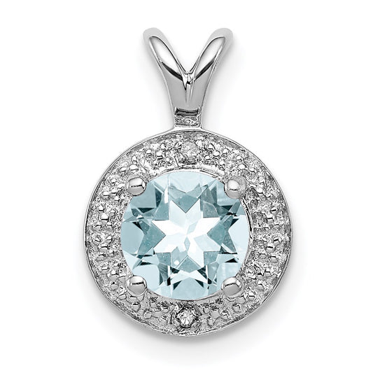 Sterling Silver Rhodium-plated Diamond & Aquamarine Pendant