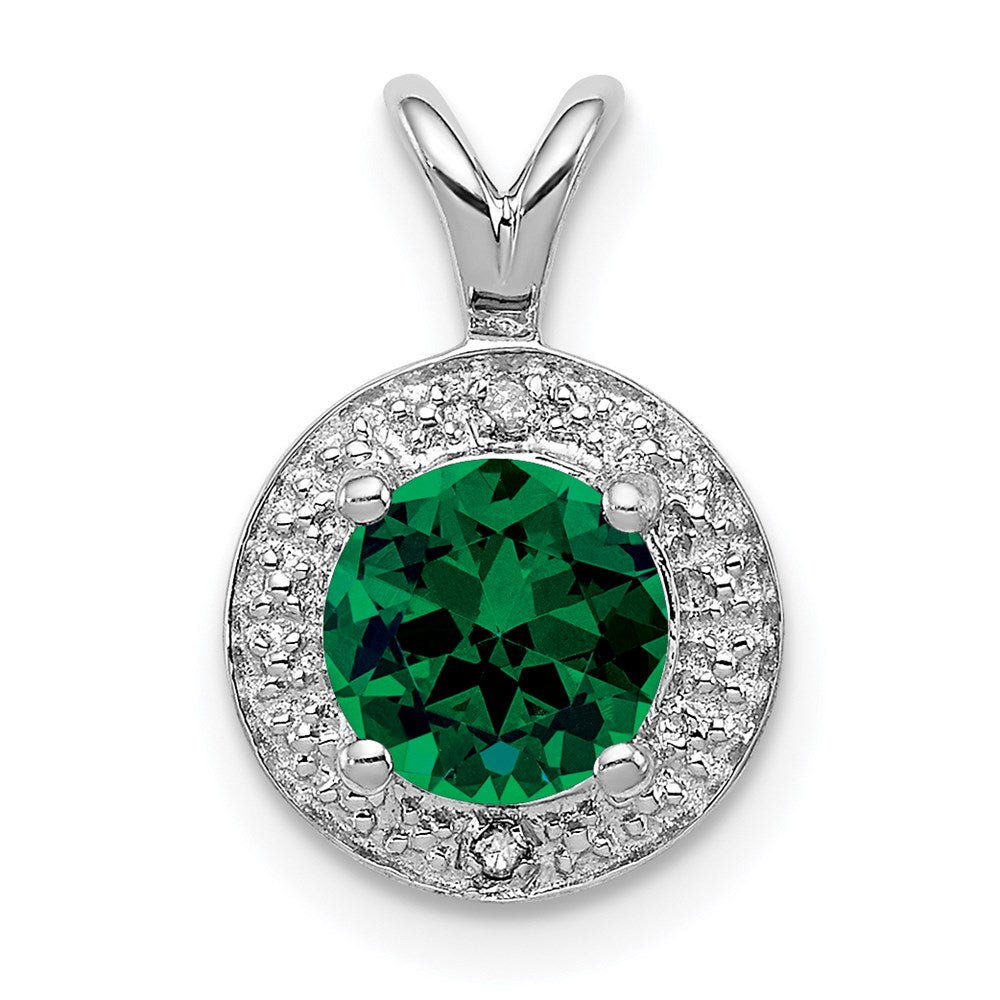 Sterling Silver Rhodium-plated Diamond & Created Emerald Pendant