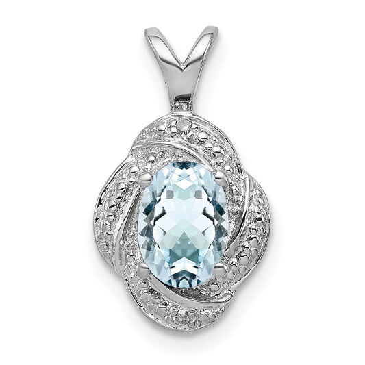 Sterling Silver Rhodium-plated Diamond & Aquamarine Pendant