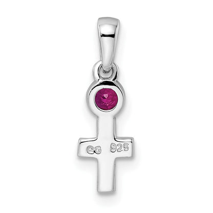 Sterling Silver Rhodium-plated Polished Lab Created Ruby Cross Pendant