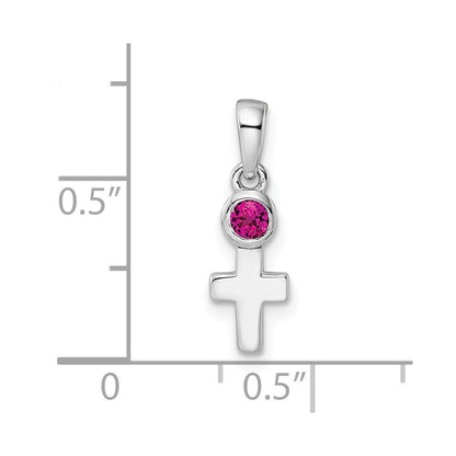 Sterling Silver Rhodium-plated Polished Lab Created Ruby Cross Pendant