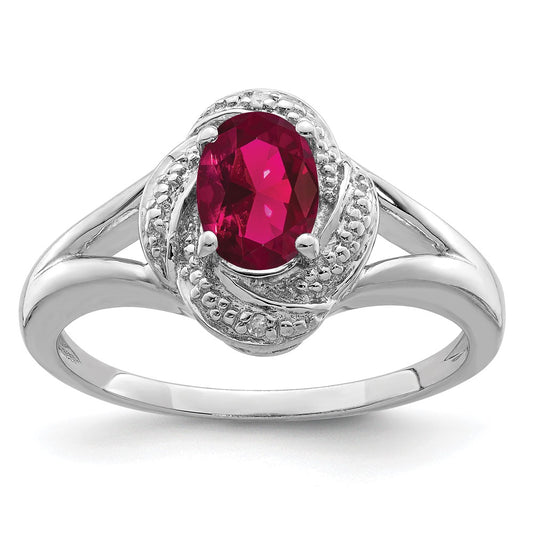 Sterling Silver Rhodium-plated Diamond & Created Ruby Ring