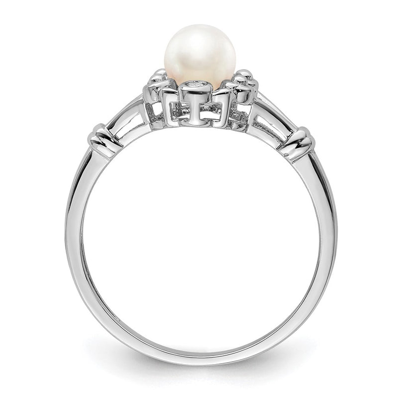 Sterling Silver Rhodium-plated FW Cultured Pearl & Diamond Ring