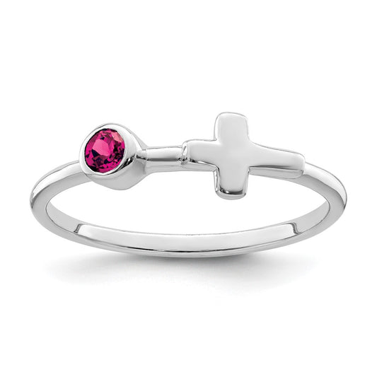 Sterling Silver Rhodium-plated Polished Cross Lab Created Ruby Ring