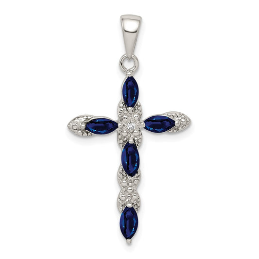 Sterling Silver Rhodium-plated Sapphire and Diamond Cross Pendant