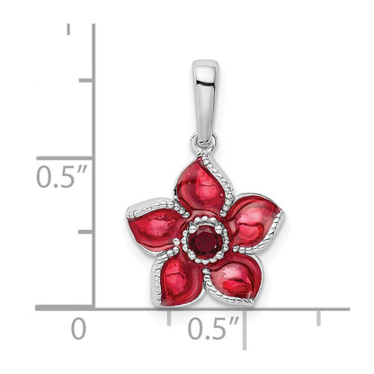 Sterling Silver Created Ruby and Enamel Flower Pendant