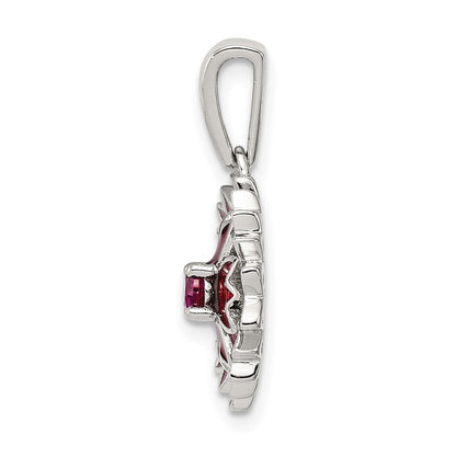 Sterling Silver Created Ruby and Enamel Flower Pendant