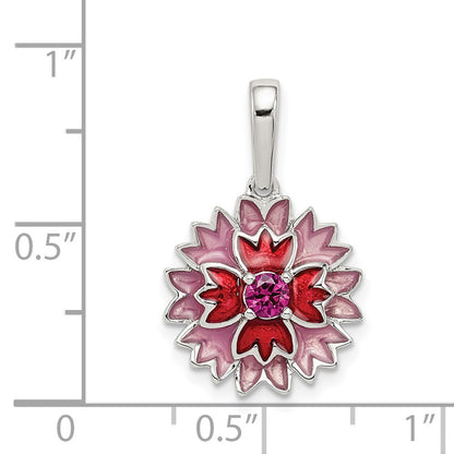 Sterling Silver Created Ruby and Enamel Flower Pendant