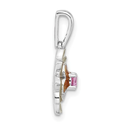 Sterling Silver Polished Enamel & Created Pink Sapphire Flower Pendant