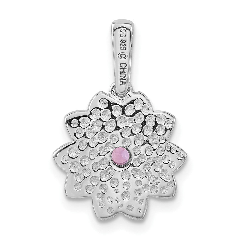 Sterling Silver Polished Enamel & Created Pink Sapphire Flower Pendant