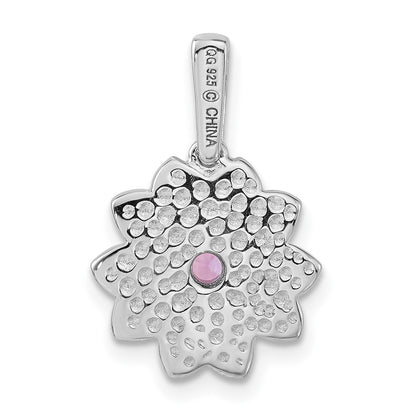 Sterling Silver Polished Enamel & Created Pink Sapphire Flower Pendant