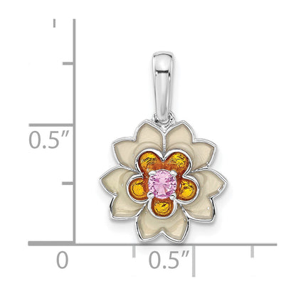 Sterling Silver Polished Enamel & Created Pink Sapphire Flower Pendant