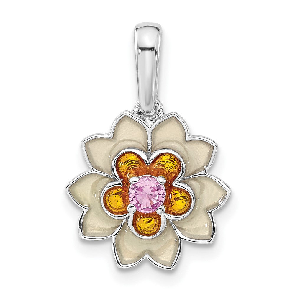 Sterling Silver Polished Enamel & Created Pink Sapphire Flower Pendant