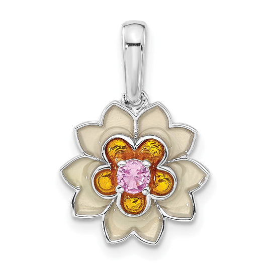 Sterling Silver Polished Enamel & Created Pink Sapphire Flower Pendant
