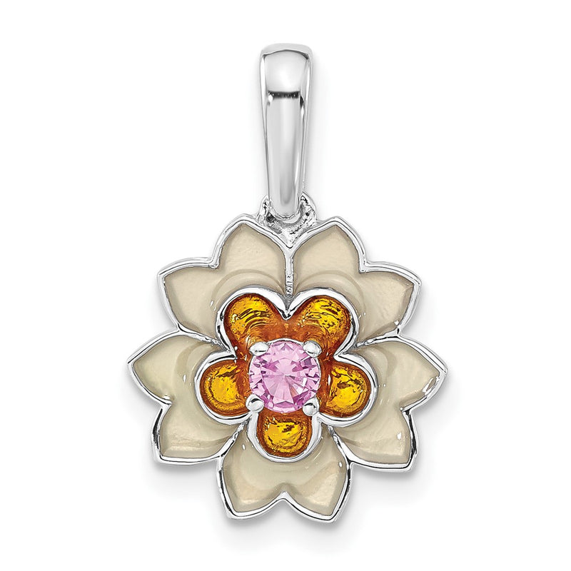 Sterling Silver Polished Enamel & Created Pink Sapphire Flower Pendant