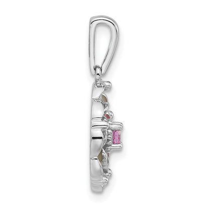Sterling Silver Polished Enamel & Created Pink Sapphire Flower Pendant