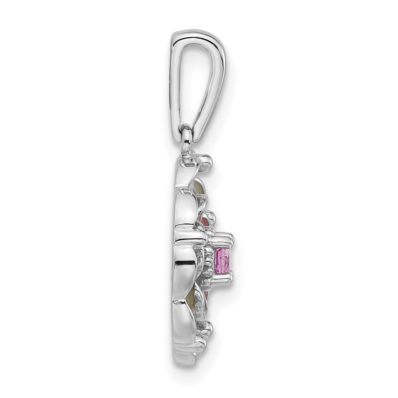 Sterling Silver Polished Enamel & Created Pink Sapphire Flower Pendant