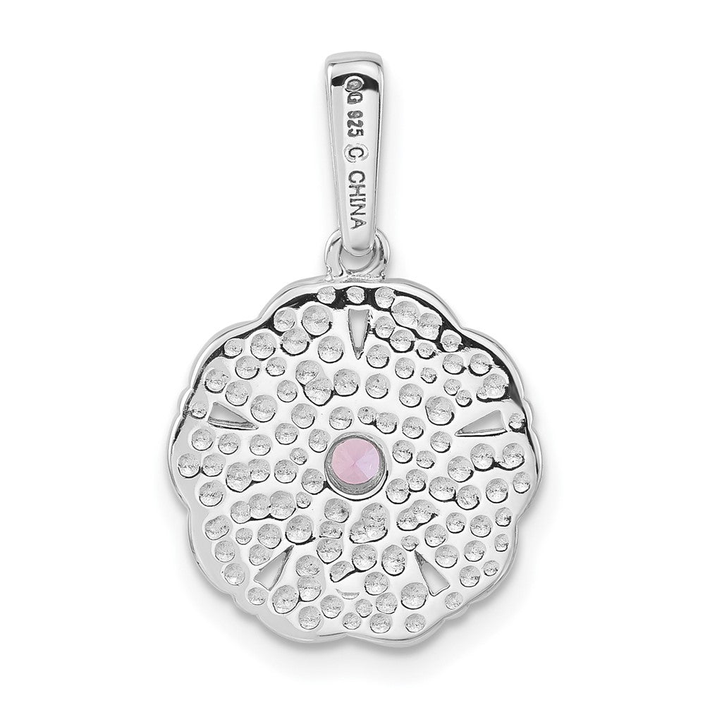 Sterling Silver Polished Enamel & Created Pink Sapphire Flower Pendant