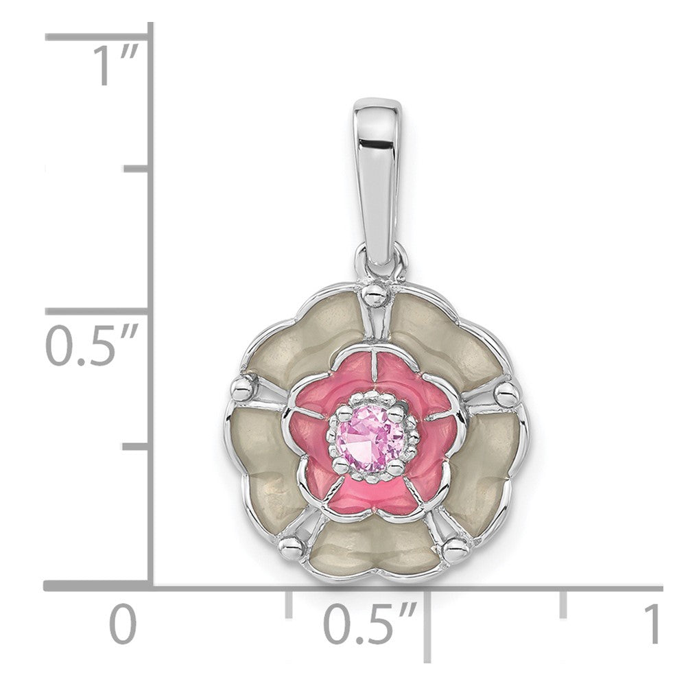 Sterling Silver Polished Enamel & Created Pink Sapphire Flower Pendant