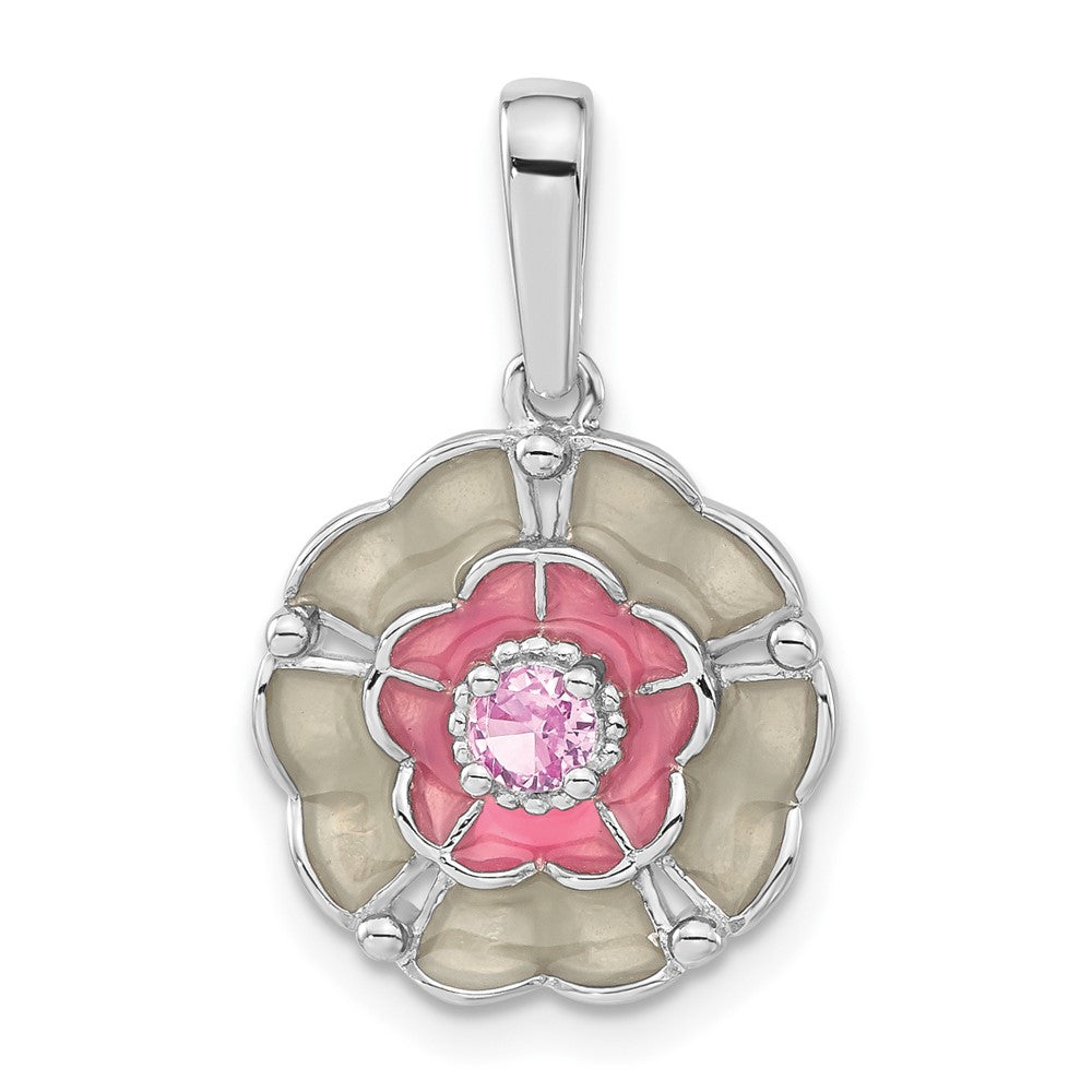 Sterling Silver Polished Enamel & Created Pink Sapphire Flower Pendant