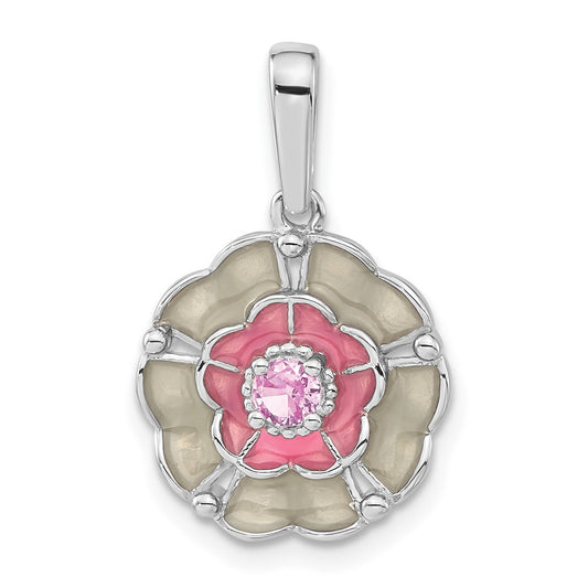 Sterling Silver Polished Enamel & Created Pink Sapphire Flower Pendant