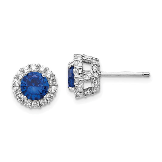 Cheryl M Sterling Silver Rhodium-plated Brilliant-cut Lab Created Dark Blue Spinel and Brilliant-cut White CZ Round Halo Post Earrings