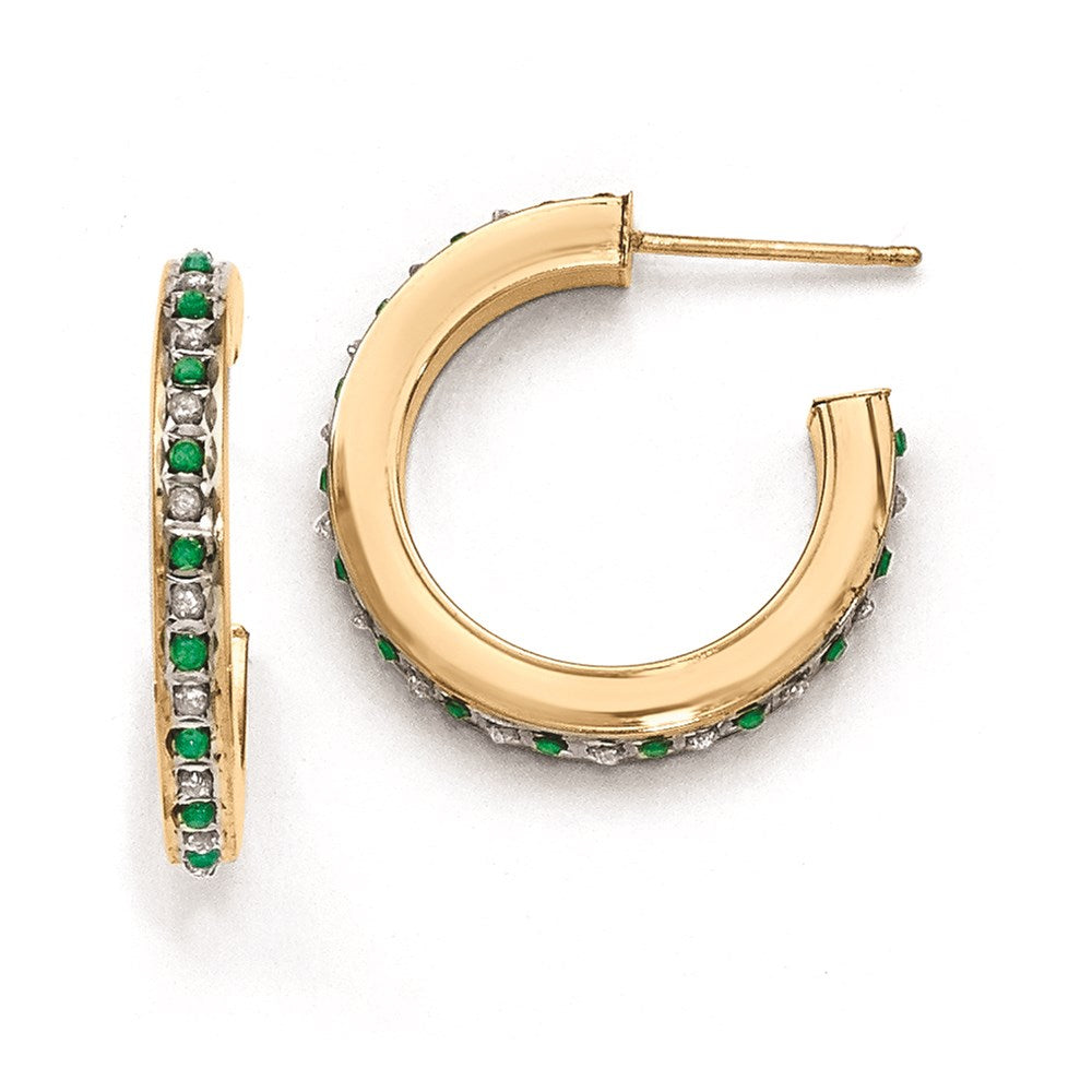 Sterling Silver & Gold-plated Diamond & Emerald Round Post Hoop Earrings