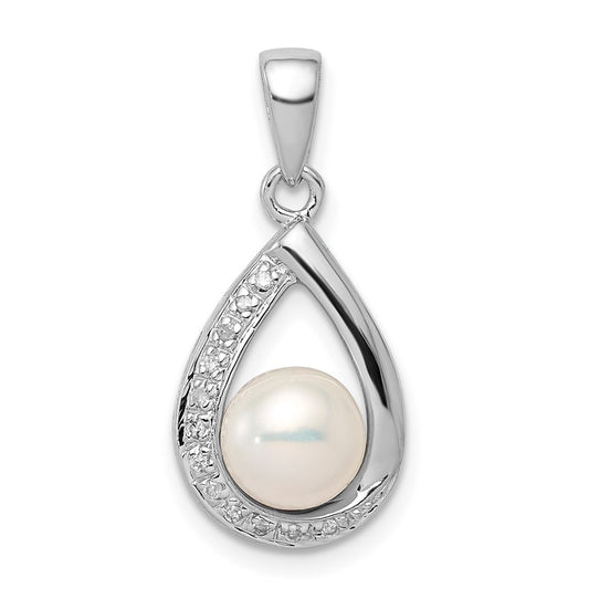 Sterling Silver Rhodium 6mm FW Cltrd Pearl & Diamond Teardrop Pendant