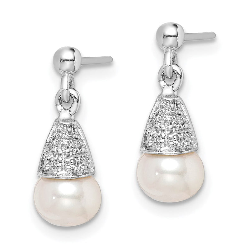 Sterling Silver Rhodium 6mm FW Cultured Pearl & Diamond Post Ear