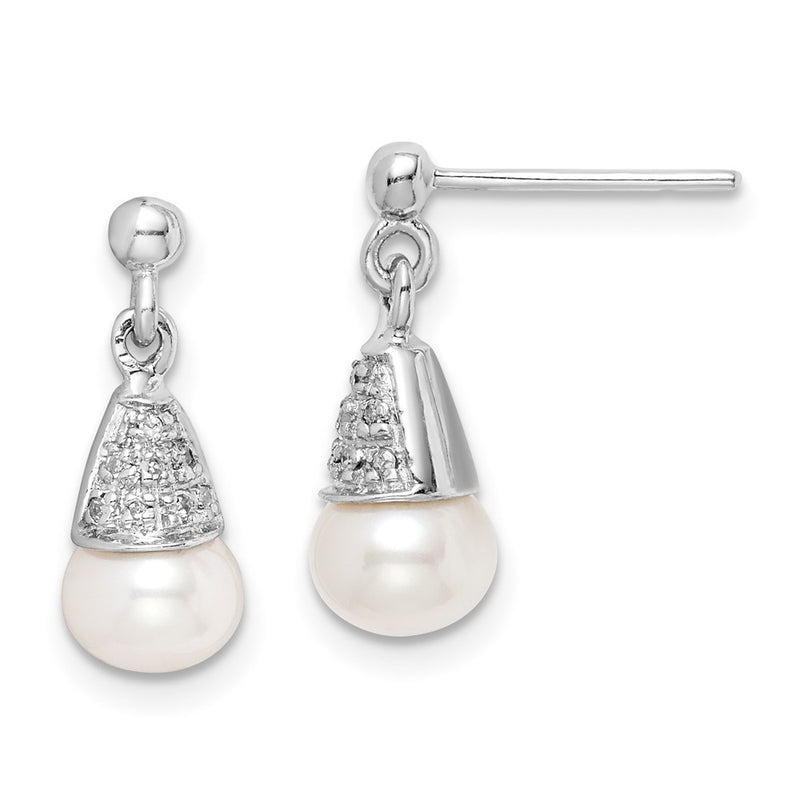 Sterling Silver Rhodium 6mm FW Cultured Pearl & Diamond Post Ear