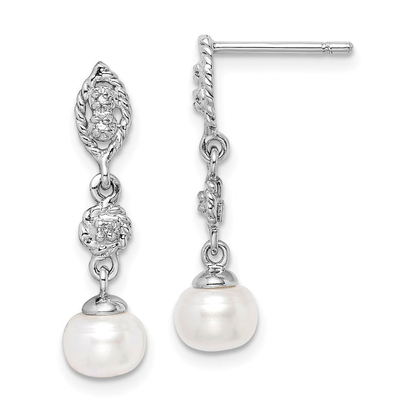 Sterling Silver Rhodium 6mm FW Cultured Pearl & Diamond Post Ear