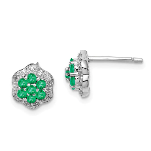 Sterling Silver Rhodium Emerald & Diamond Post Earrings