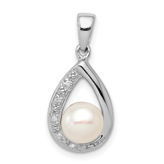 Sterling Silver Rhodium FW Cultured Pearl & Diamond Pendant