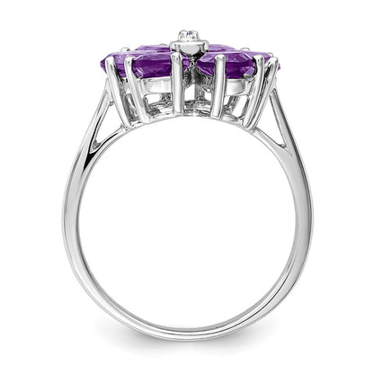 Sterling Silver Rhodium Amethyst & Diamond Flower Ring
