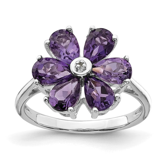 Sterling Silver Rhodium Amethyst & Diamond Flower Ring