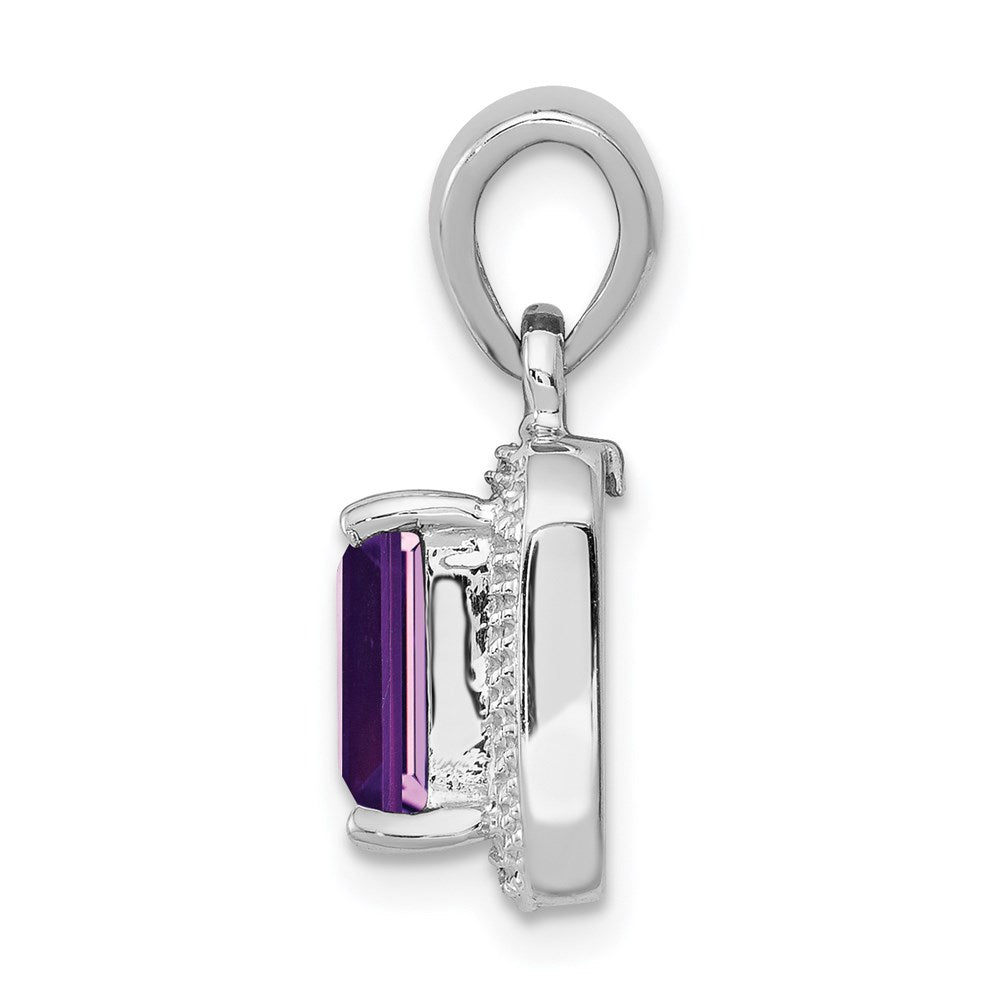 Sterling Silver Rhodium Emerald-cut Amethyst & Diamond Pendant