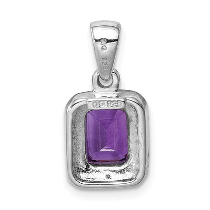 Sterling Silver Rhodium Emerald-cut Amethyst & Diamond Pendant